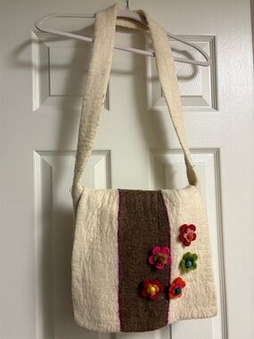 Handmade Cream Felt Crossbody Bag with Floral Accents